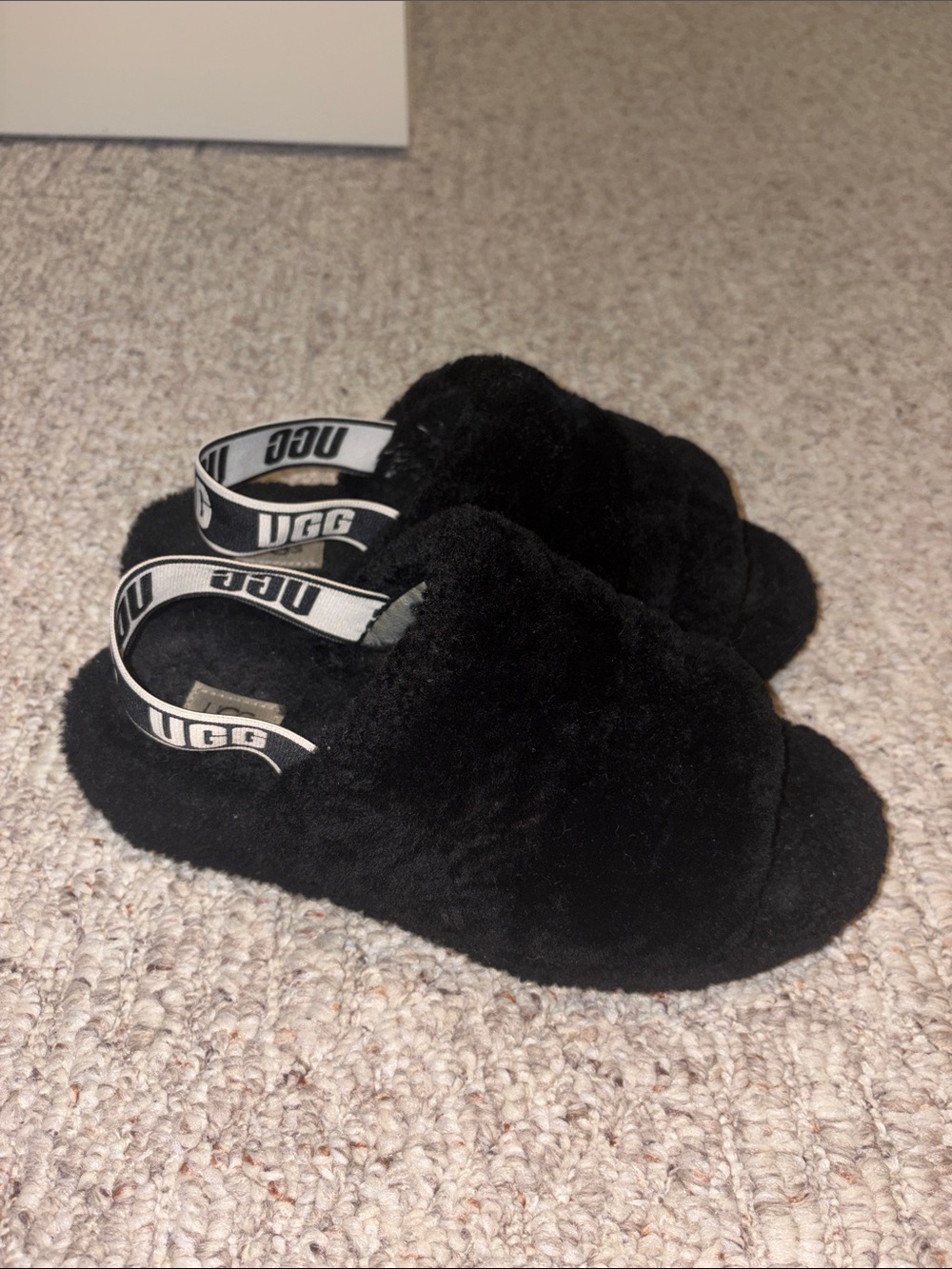 UGG Black Fuzzy Slide Sandals with Branded Heel Strap